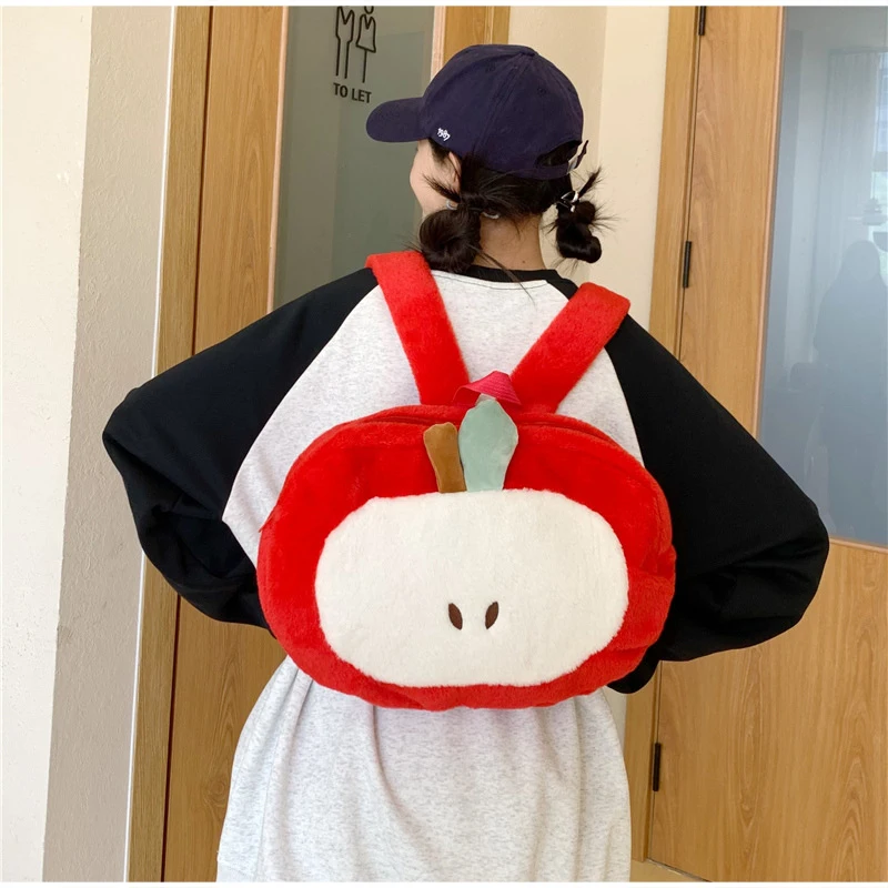 Rucksack und Umhängetasche, süße, niedliche, apfelförmige, leichte Kawaii-Handtasche aus Plüsch für Damen, Schultasche für Mädchen, Tagesrucksack – Detail 12