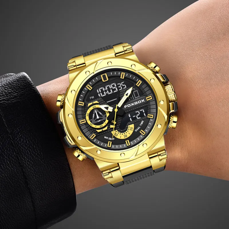 FOXBOX Merk Sport Horloges 50M Wateproof Dual Time Display Horloges LED Stopwatches Alarm Multifunctionele heren Horloges