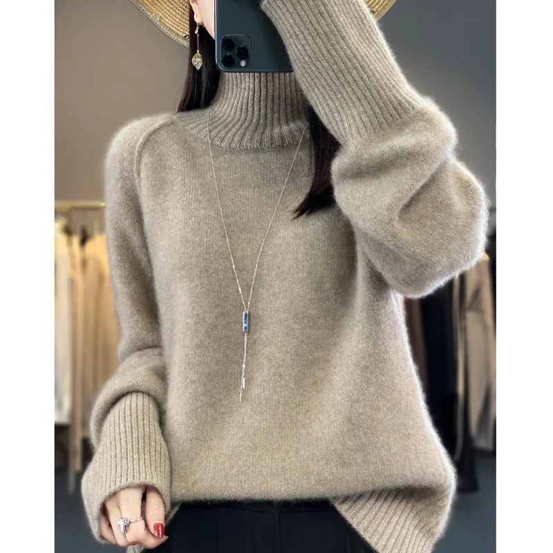 Women 100% Merino Wool Thickening Sweater High Collar Pullover Autumn Winter Casual Loose Knit Top Female Warm Soft Knitwear