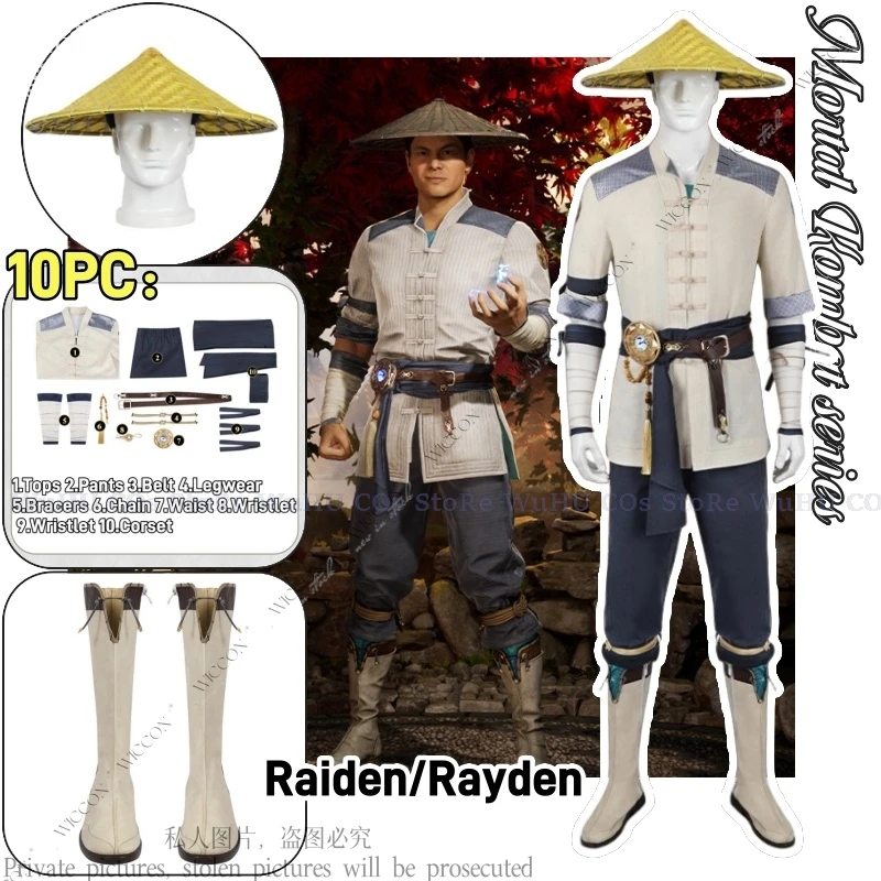 Raiden/Rayden Cosplay Game God of Thunder Shoes Straw Hat Game Guardian Man Halloween Party Martial Arts Clothing Role Play