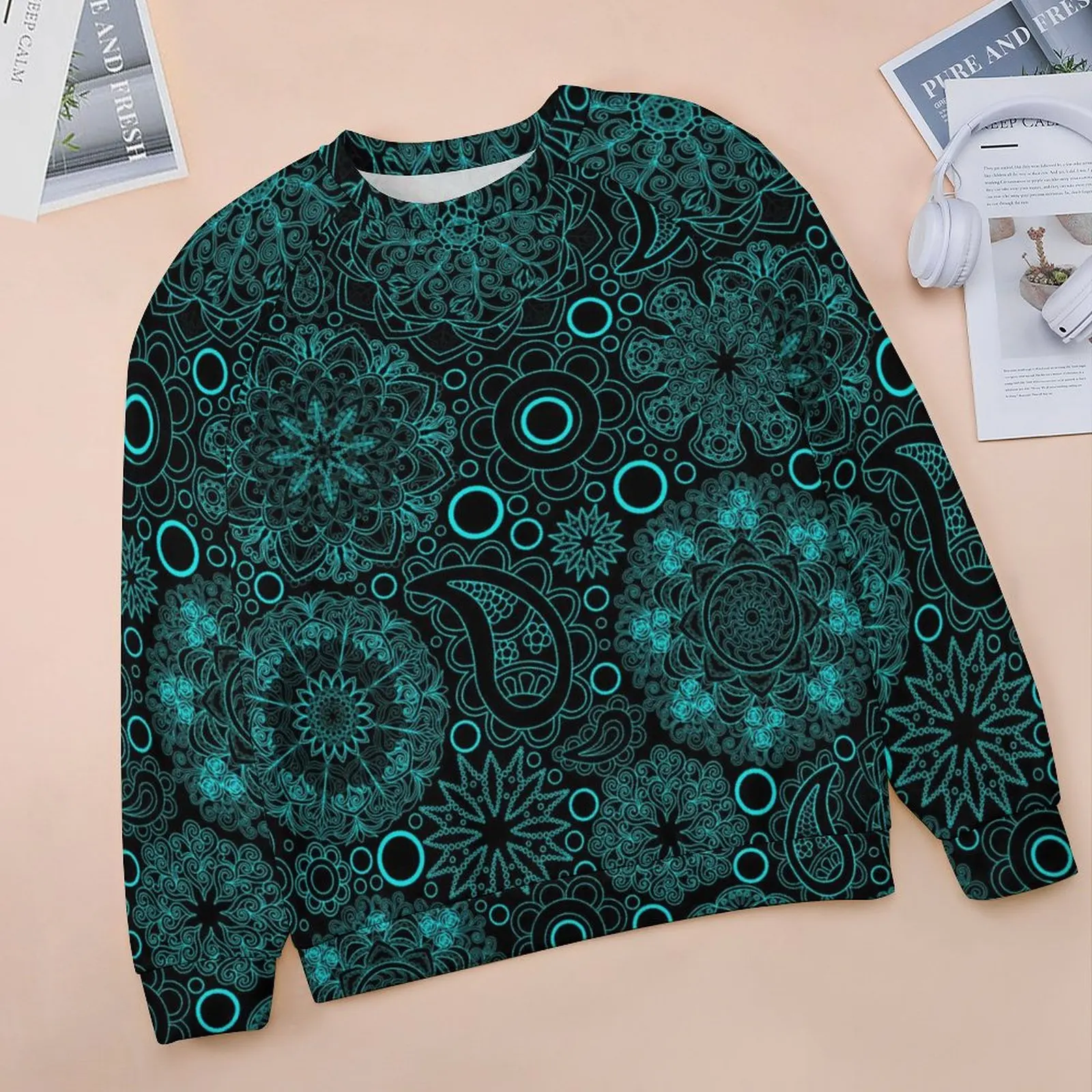 Boho Paisley Casual Hoodies Blue Mandala Modern Hoodie Spring Long-Sleeve Street Fashion Oversized Sweatshirts Birthday Present