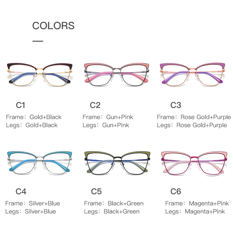 VCKA  Women Cat Eye Myopia Glasses Frames Fashion Anti-blue light Vintage Optics Metal Frame Prescription  Eyewear -0.50 TO -10