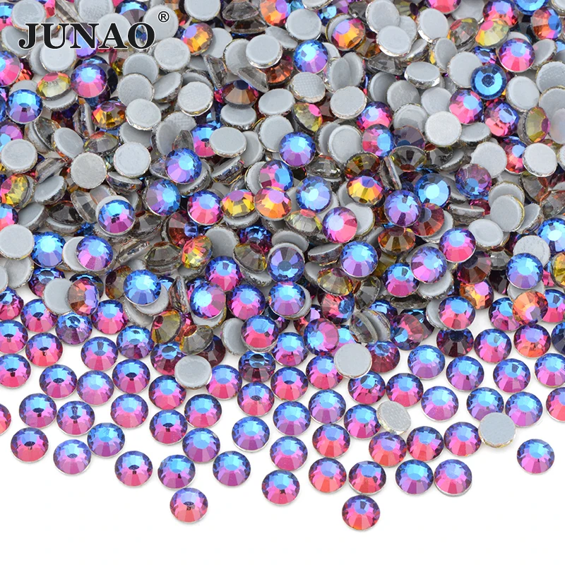 JUNAO SS6 8 10 12 16 20 30 Lt.Rose AB Hot Fix Glass Rhinestones Iron On Hotfix Crystal Stones Flatback Round Strass Applique