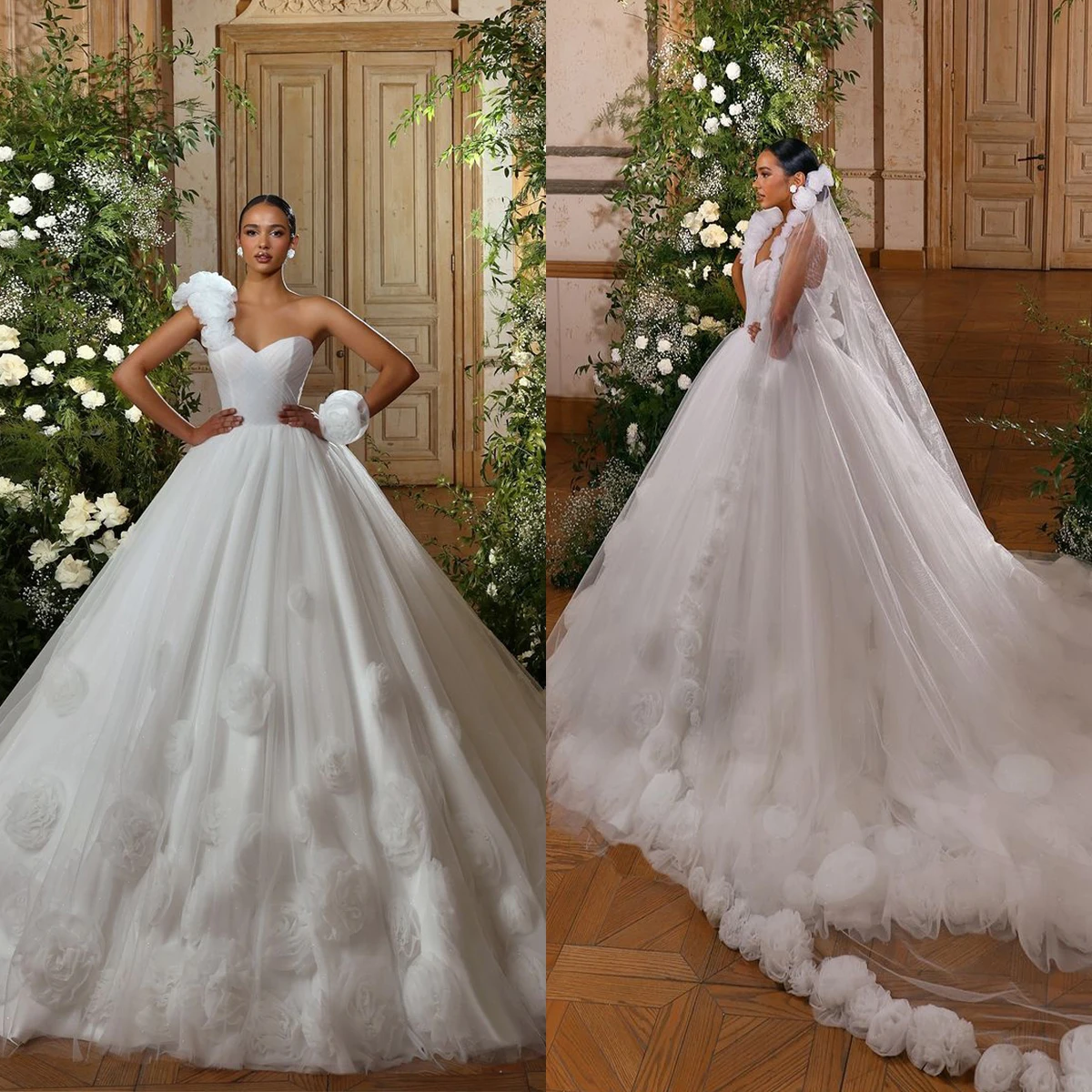 Elegant Ball Gown Wedding Dresses One Shoulder Appliques Lace Tulle Bridal Gowns Custom Made Sweep Train Vestidos De Fiesta