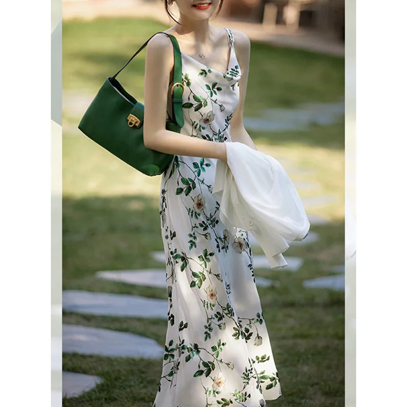 V-neck Long Sling Dress White Silk Satin with Green Flower Seaside Holiday Sling Dress Design Elegant Sense Travel Beach Dress