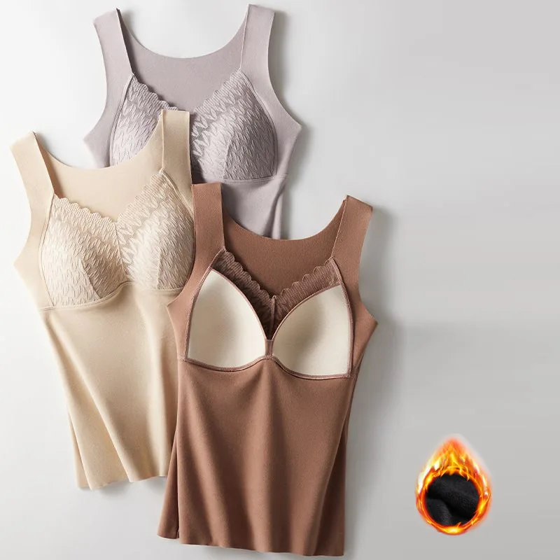 Winter Women's Simple Solid with Chest Pad Thermal Underwear Velvet Vest Camisole Slim Warm Sling Vest Female Thermal Underwear