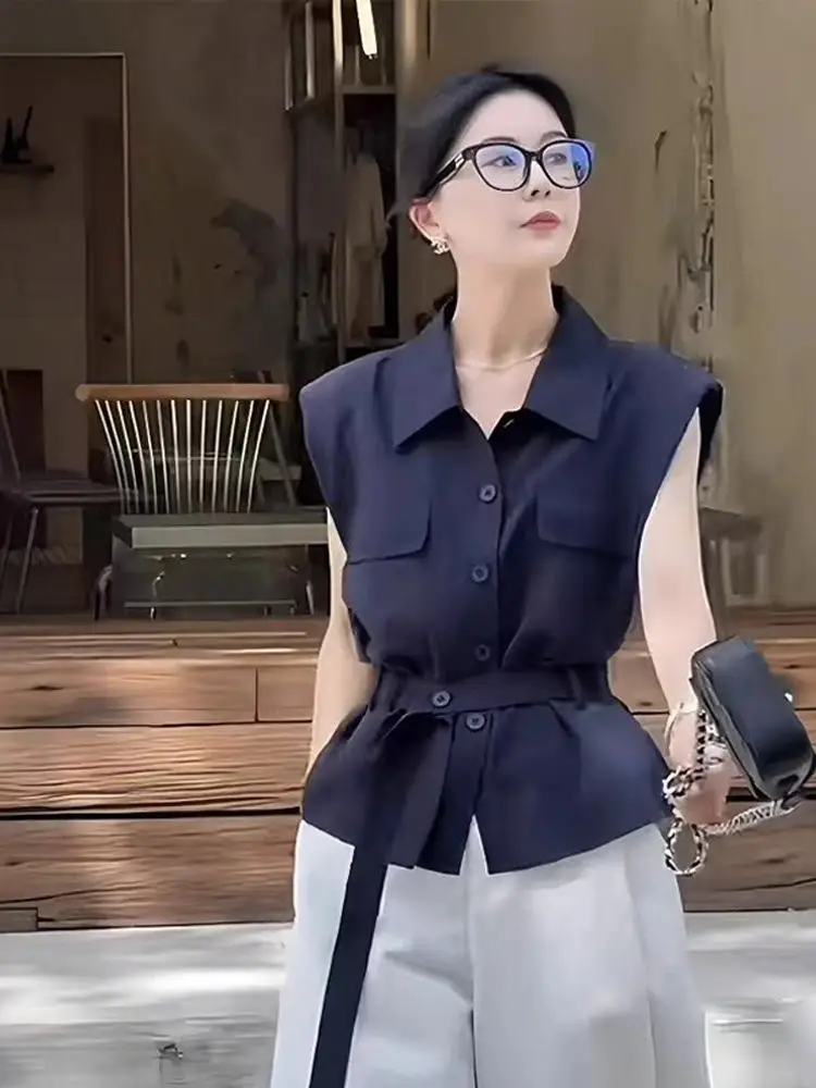 Csa azul de verano para mujer, csa de lino con cinturón y cintura sin mangas, cuello , manga con mosca, estilo core...