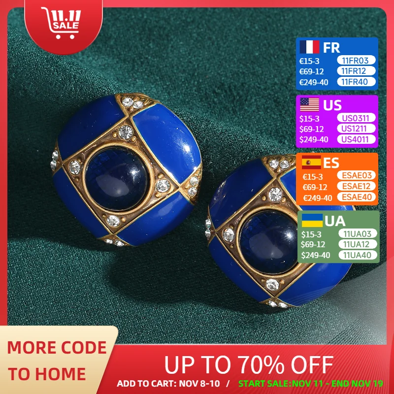 

Vintage Enamel Royal Blue Earrings Stud For Woman Round Gold Color Geometry Luxury Designer Jewelry Party Accessories 2025