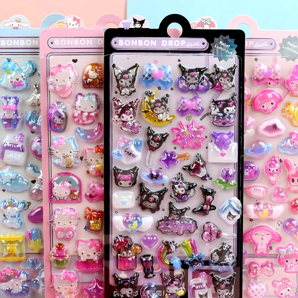 

1PCS Cute Cartoon Sanrio 3D Luminous Relief Sticker Kawaii Gem Crystal Decals Decoration Notebook Phone Laptop Sticker Kids Toy