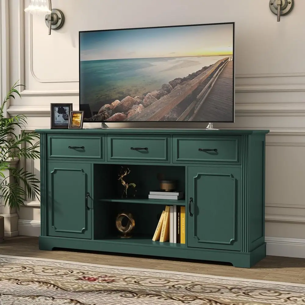 65 TV Stand with 3 Drawers, Wooden Adjustable Shelf Cabinet, Green Entertainment Center for Living Room