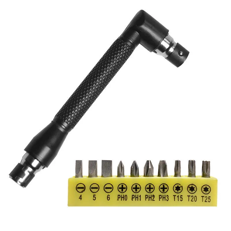L-Shaped 1/4 Hex Double End Screwdriver Wrench Handle with 10Pcs Bits Set Hand Repair Tool Kit