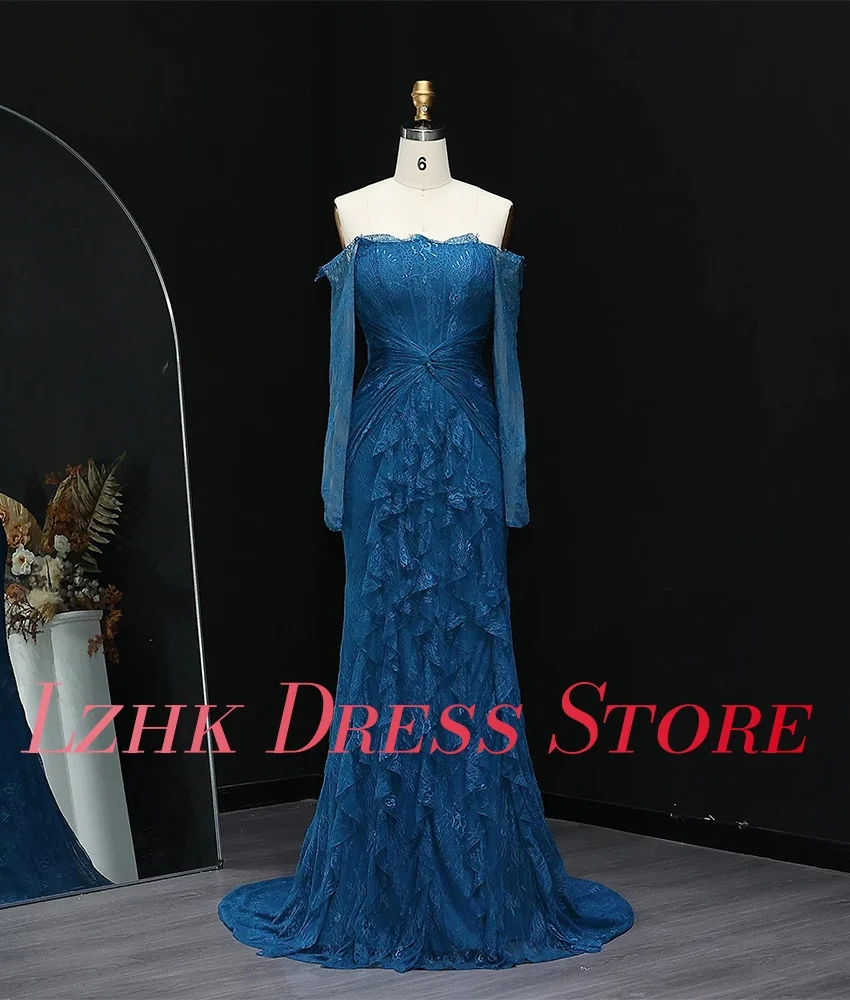 تخصيص رائعة الدانتيل المتدرج حورية البحر الكشكشة المتدرج قبالة الكتف مساء اللباس جودة عالية طويلة الأكمام فساتين حفلة موسيقية