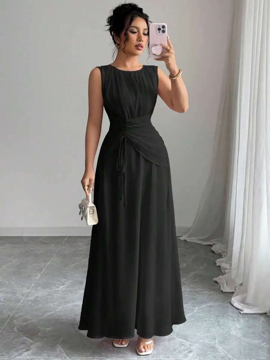 Women Mint Green Sleeveless Chiffon Maxi Dress With Drawstring Waist Elegant French Vintage Style view 3