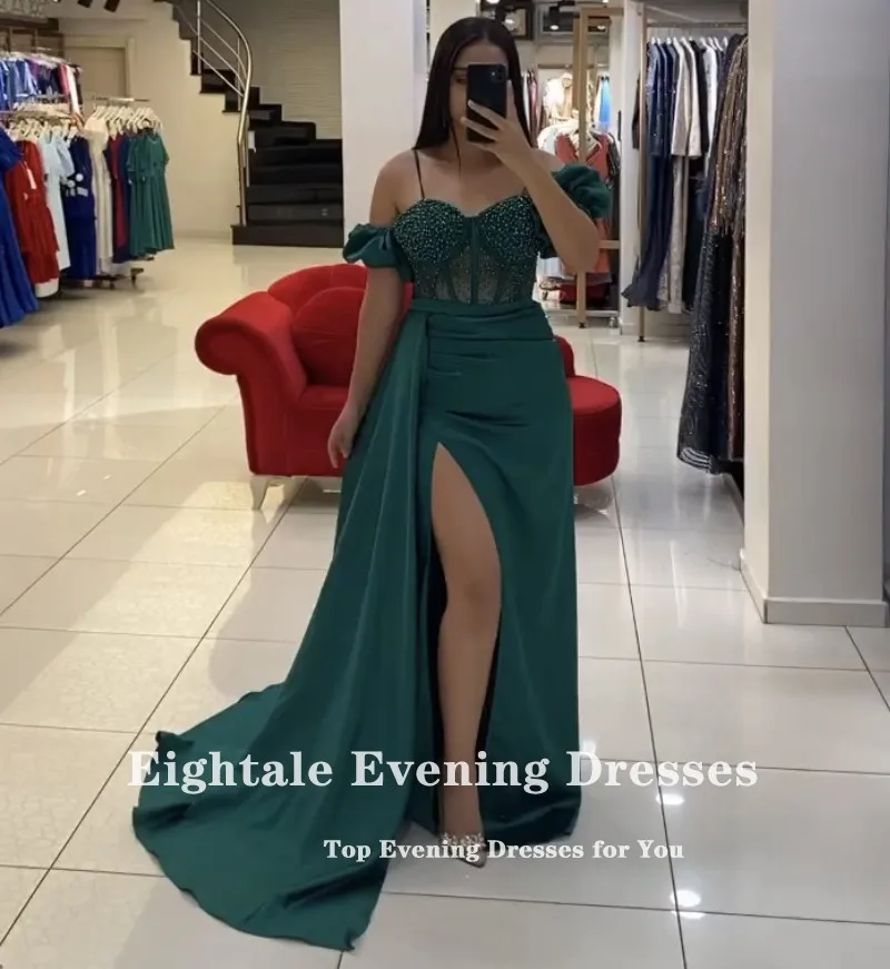 Eightale Green Evening Dress Satin Short Sleeves Beaded Mermaid Prom Gowns Customized Wedding Party Dress Vestidos De Noch