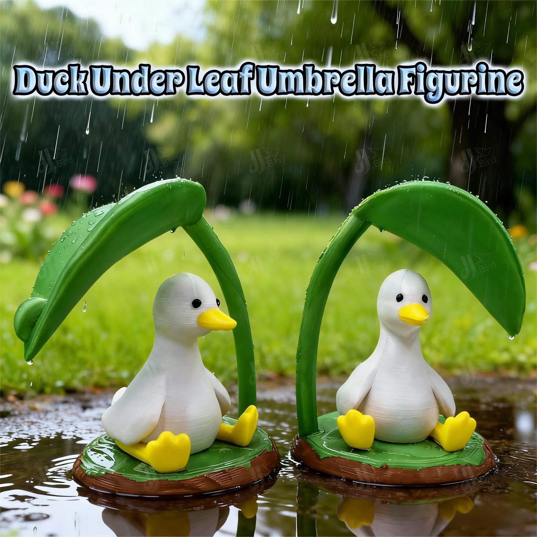 1pc Fresh White Duck Hiding from Rain Under Leaf Umbrella Figurine, suitable for desktop, desk, office & entryway display.