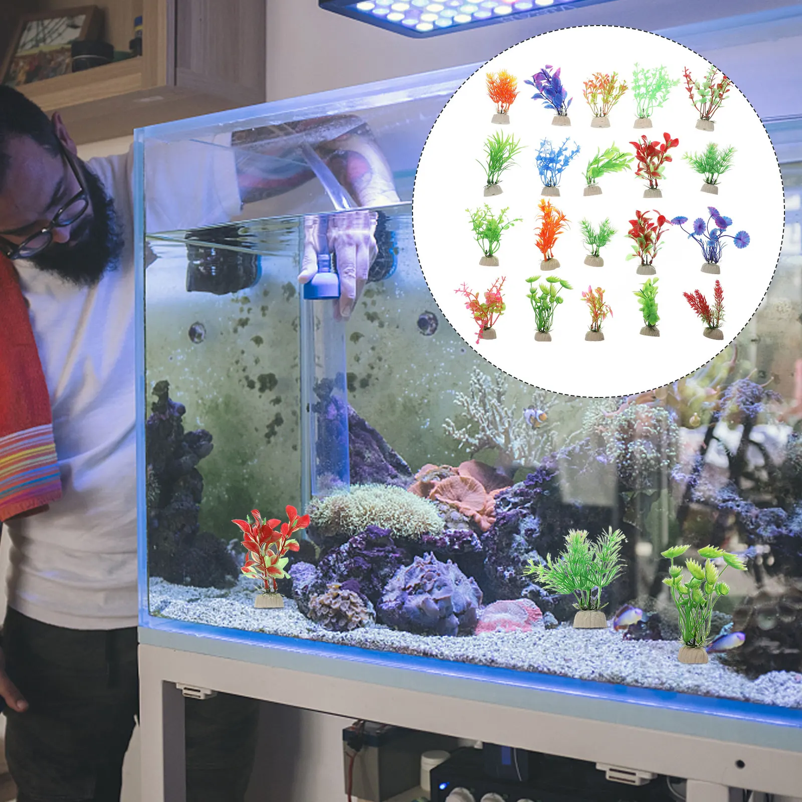 

20pcs Artificial Plants Simulation Aquarium Decoration Fish Tank nament Easy Clean Plastic Ceramic Base Underwater World Pet