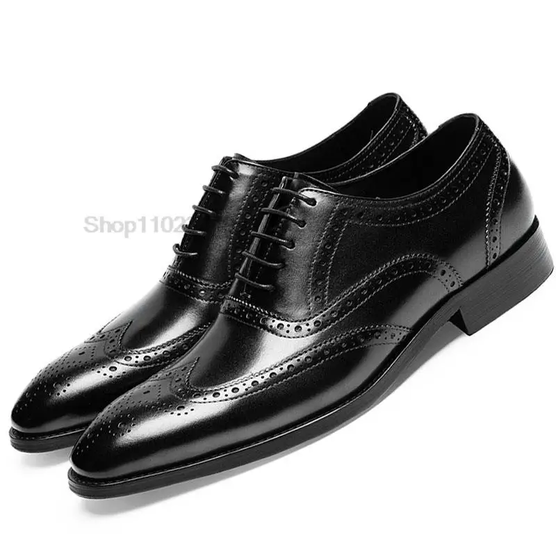 

Black Brown Mens Oxford Shoes Wingtip Genuine Calf Leather Luxury Brand Lace Up Business Office Brogue Dress Shoes For Men