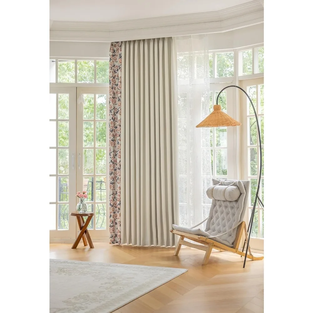 Room Darkening Chenille Brown Patchwork Flower Printed Grommet Curtains, 52x54 Inches, Living Room Blackout Panels with Flower P