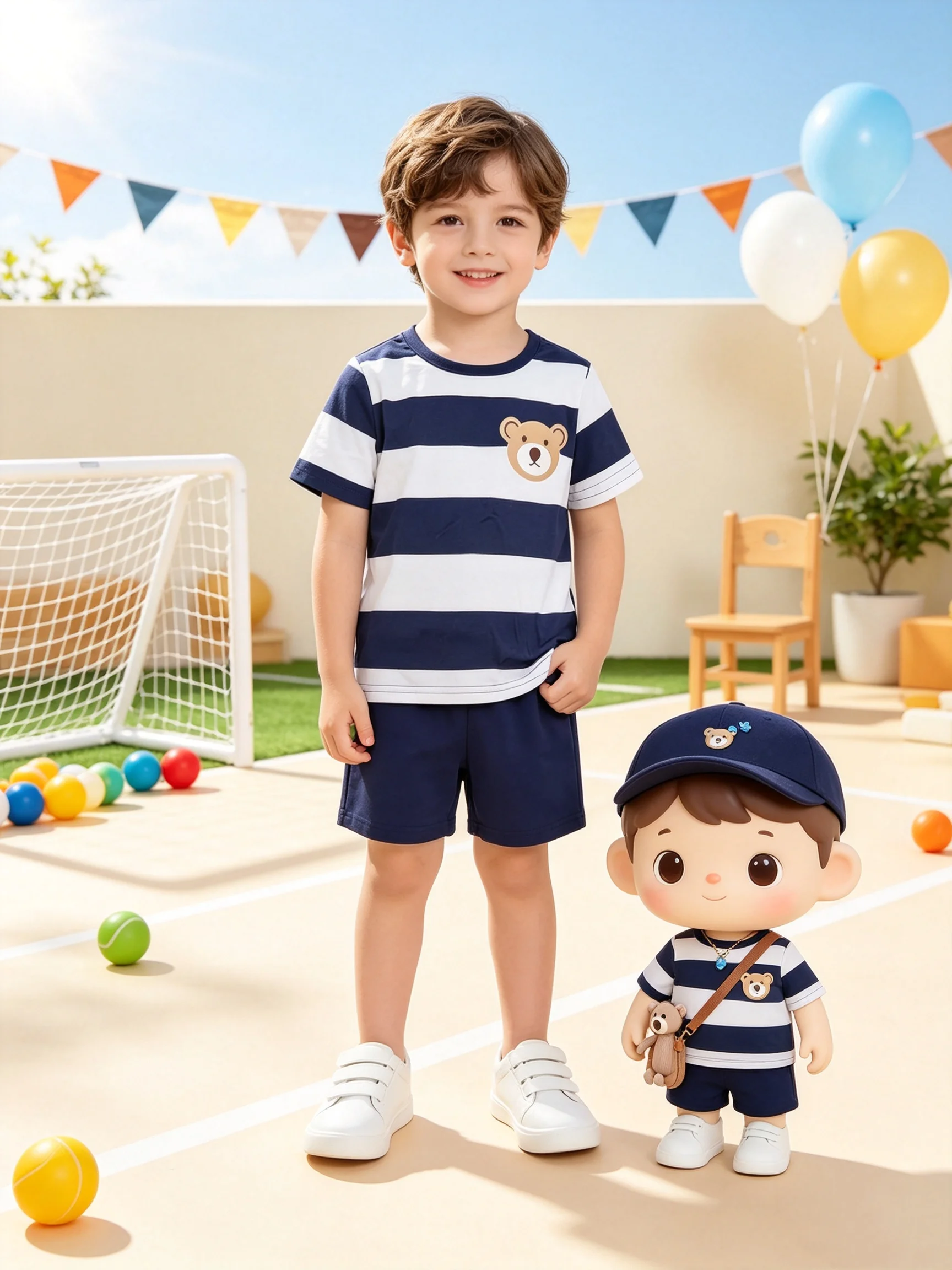Children's Color Block Teddy Bear Pattern Clothing Set round Neck Short Sleeve T-Shirt Top with Solid Color Elastic Waist S