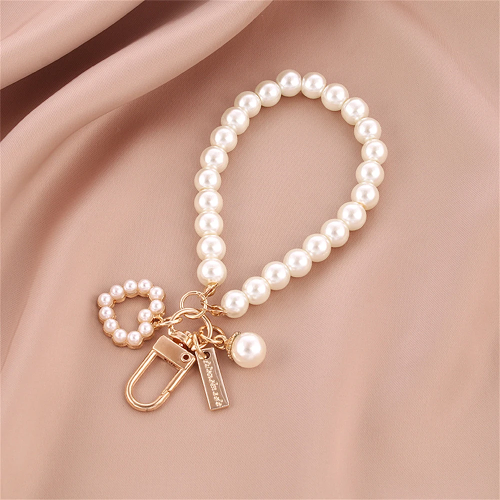 Vintage Pearl Beads Bracelet Keychain Trendy Wrist Strap Keyring for Women Headphone Case Pendant Purse Handbag Jewelry Gifts view 6