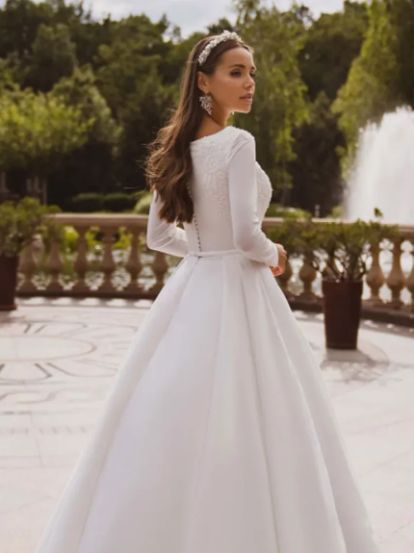 Othray Langarm-Spitzen-Brautkleid, muslimisches Hochzeitskleid, bedeckter Rücken, Vestido de Novia, elegante Satin-Hochzeitskleider МЕВМДЗЕВМДЗЖ