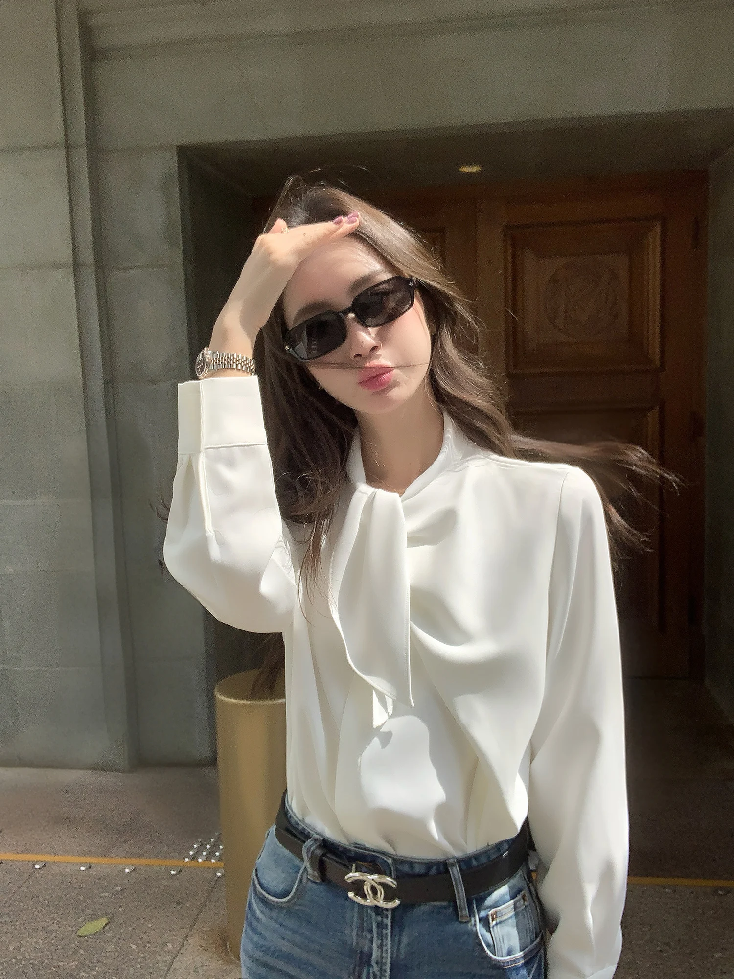 

Женская повседневная рубашка Ele Long Sleeve с поясом, из полиэстера, для весеннего сезона