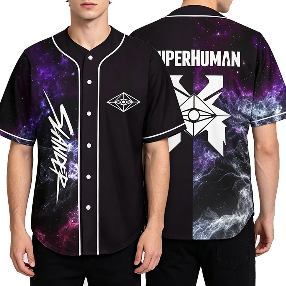 

Slander Space Pattern Excision Baseball Jersey Music Festival Short Sleeve Button-Down Shirts Women Men Streetwear Tops