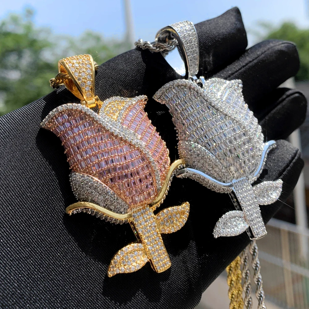 2025 New Iced Out Bling 5A CZ Nice Rose Flower Pendant Necklace Drop Ship Hip Hop Men Women Jewelry