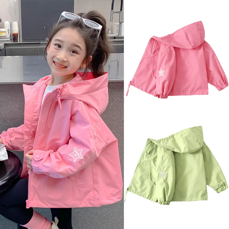 New Teen Girls Jacket Spring Autumn Solid Color Star Print Hooded Zipper Coat For 3-12 Years Girls Casual Windbreaker Outerwear