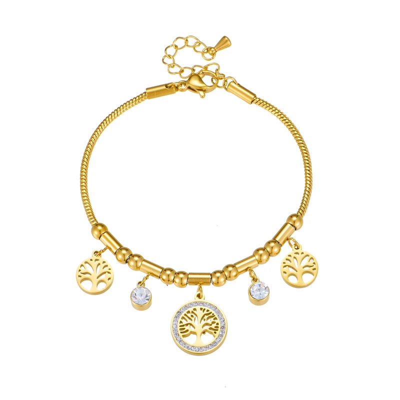 Xiyanike 316l Roestvrijstalen Armband Gouden Levensboom Wit Zirkoon Hanger Accessoires Voor Vrouwen Eenvoudige Sieraden Cadeau Pulsera