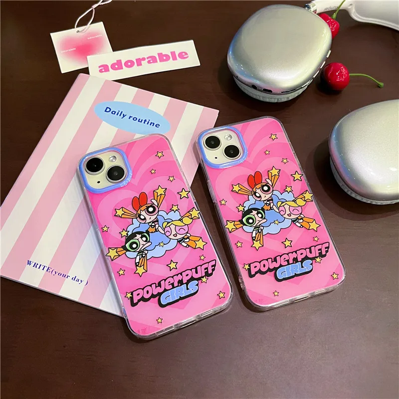 New Powerpuff Girls Cute Pink Phone Case for iPhone 13 14 15 16 Pro Max 15pro 16pro Cartoon DIY Customized Bracelet Cover