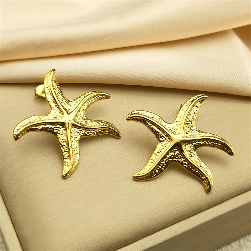 

Cute Fashion Starfish Big Stud Earrings for Women Stainless Steel Gold Color Simple Jewelry Vintage Waterproof Party Gift