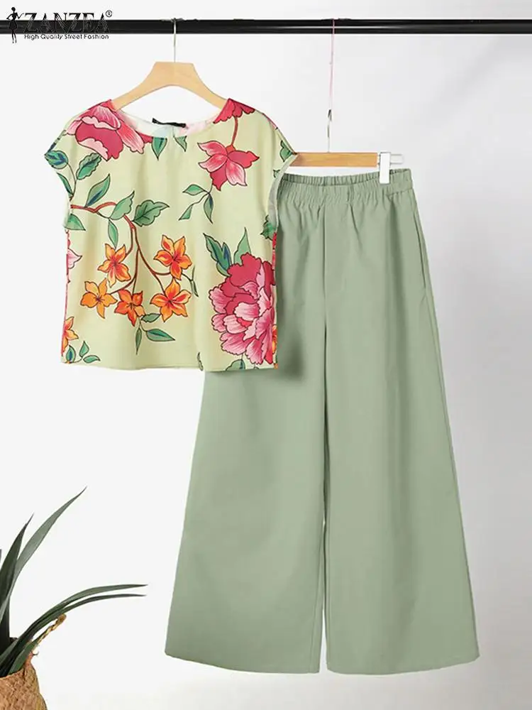 ZANZEA Floral Print Short Sleeve Top 2024 Summer Pant Sets Holiday Solid Wide Leg Trouser Loose Casual 2pcs Outfits Women Suits