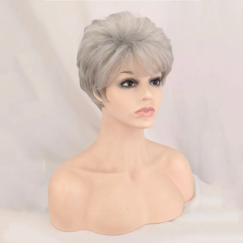 WHIMSICAL W Synthetic Fluffy Wavy Short Wigs for white women sliver gray Hair Multilayered Medium Elastic Breathable Wig Cap