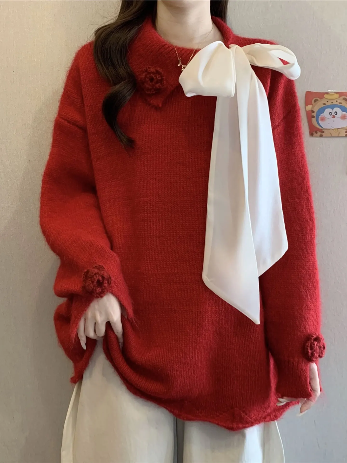 

Красный свитер с 3D цветочным узлом, длинный свек, свитер с отложным воротником, женский свитер больших размеров, осень-зима, повседневный топ средней длины