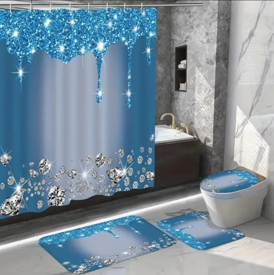 

4 шт. комплект занавесок для душа со сверкающими бриллиантами, блестящая отделка ванной комнаты, ковер и сиденье для унитаза, бордовый роскошный текстурированный красочный