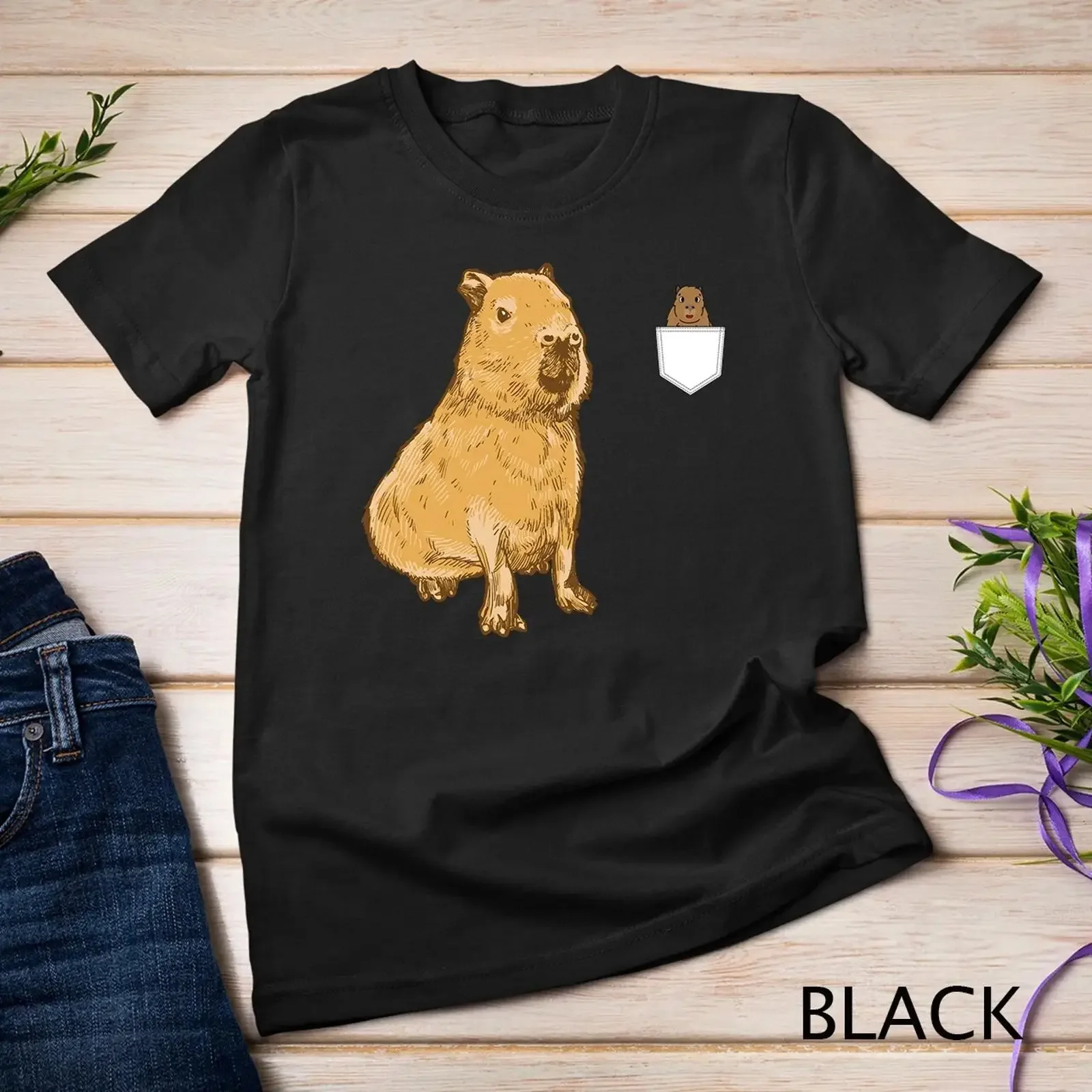Stuffed Capybara Capy Bara Capibara Stuff Cappy Barra Pocket T shirt vintage Washed Top For Everyday Wear Soft Stretched