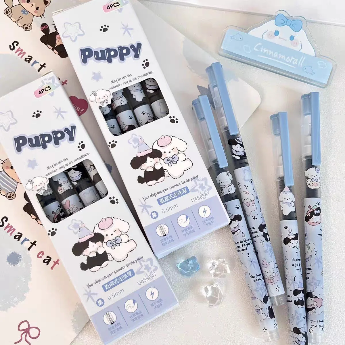 

4 Pcs Cute Puppy Straight Liquid Pen Ins Wind High Value Quick Drying Ball Pen Student Exam Smooth Neutral Pen Pens for Writing