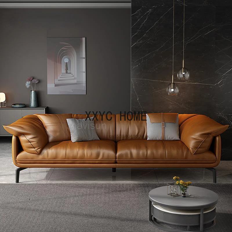 Italian Minimalist Feather Leather Sofa Modern Living Room Small Apartment Light Luxury First Layer Cowhide Orange Sofa