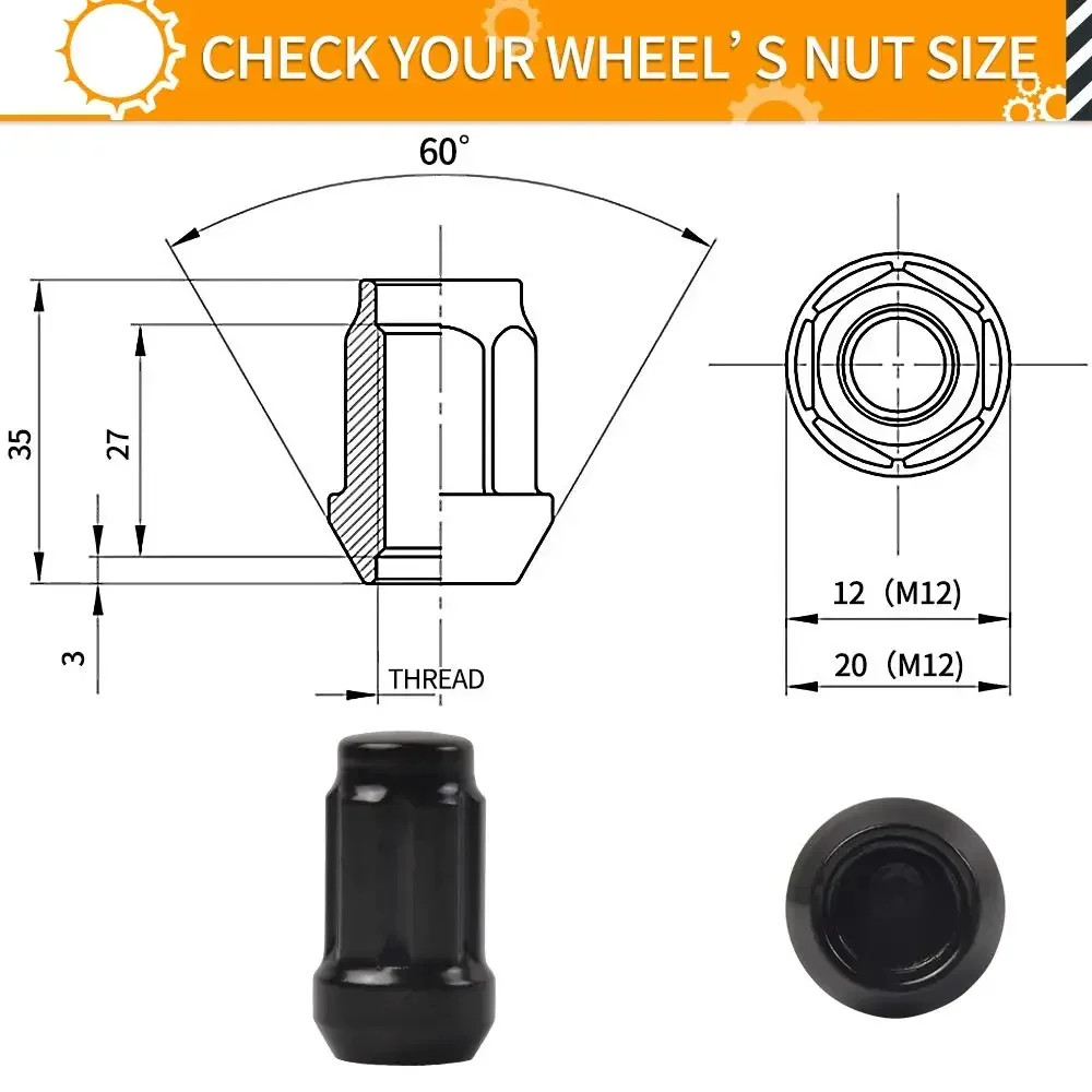 16pcs Spline Drive Lug Nuts 3/8-24 Threads 19mm Hex Size Cone Acorn Taper Seat Includes Socket Key Tool For Kawasaki Polaris ATV