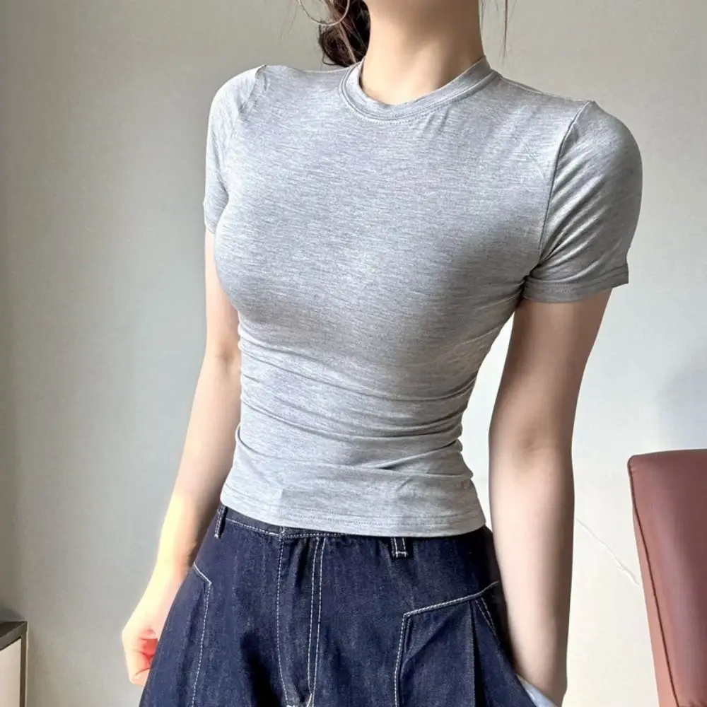 

Fashion Pullover Short Sleeve T-shirt Slim Fit Korean Style Y2K Crop Top Women Streetwear Simple Basic Tees Shirts Beach
