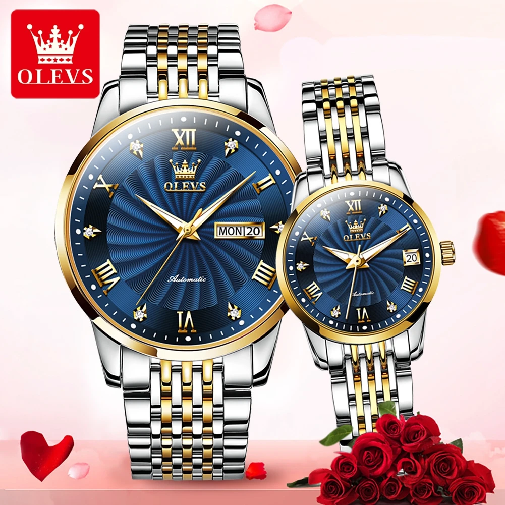 OLEVS Couple Watch Automatic Mechanical Diamond Roman Calendar Wristwatch Fashion Whirlwind Dial Watch Lover Gift His or Her