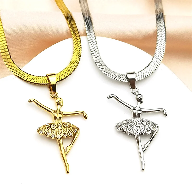 الباليه فتاة الفن سلسلة عنق للنساء الرجال الفولاذ المقاوم للصدأ الذهب اللون حجر الراين الرقص موضة الإناث قلادة المختنق مجوهرات