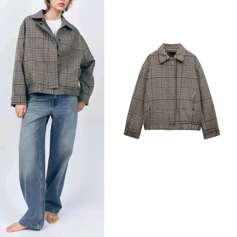 

Summer Women's Plaid Wool Blend Pilot Jaet Long Sve Collar Outerwear Commute Sle Loose Fit Single Piece Polyester...