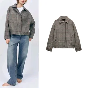 Summer Women's Plaid Pilot Jaet Long Sve Turn-down Collar Outerwear Commute Sle Loose Fit Polyester Fiber Button Closure