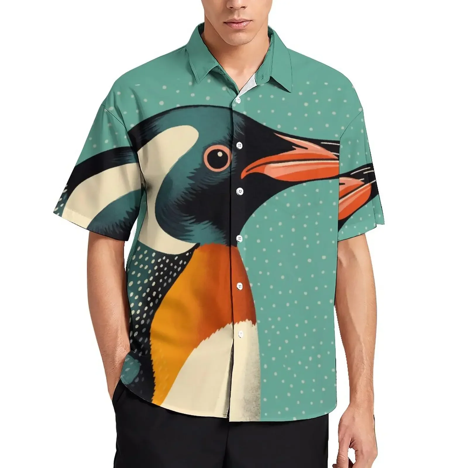 Camisa de praia casual de manga curta masculina, estampa pinguim fofa, blusa de lapela havaiana, moda plus size, novo estilo