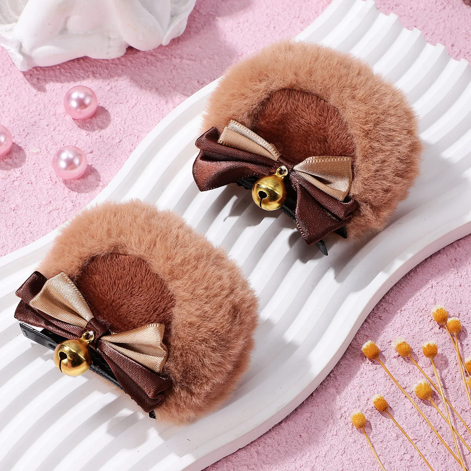 

1Pair Bear Ear Hair Clips Brown Bow Ribbon Clip-on Animal Ears Kawaii Hair Accessories for Women Cosplay Halloween Party