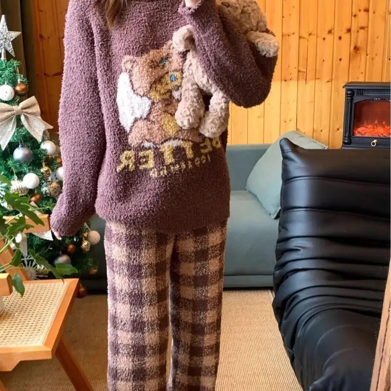 

brown cartoon little bear homewear pajamas Women's suit autumn winter thicken fleece-lined hood suit Cotton Pajama Set costume