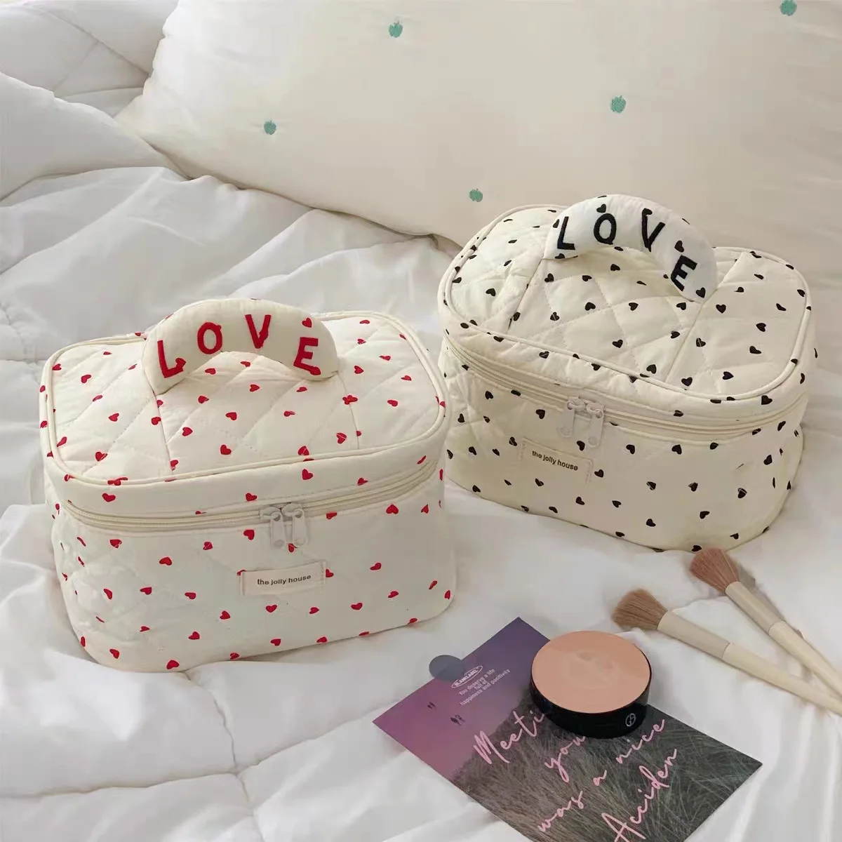 Cute Quilting Cotton Makeup Bag Women Zipper Cosmetic Organizer Female Cloth Handbag Box Shape Portable Toiletry Case For Girls