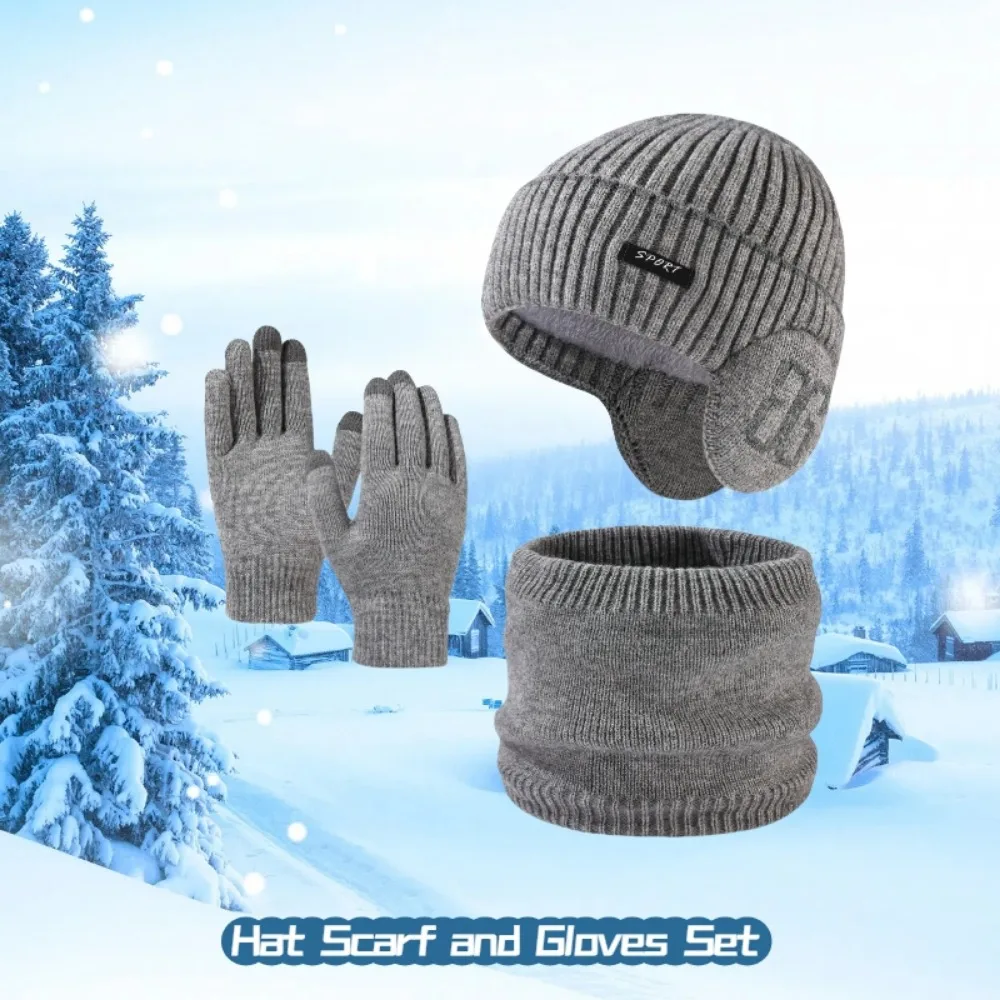 Winter Thicken Hat Scarf and Gloves Set,Mens Thermal Fleece Lined Slouchy Beanie Neck Scarves Gloves,3 in 1 Warm Set